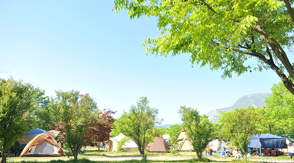 フリーサイトキャンプ 空と複数のテントが張られた写真
